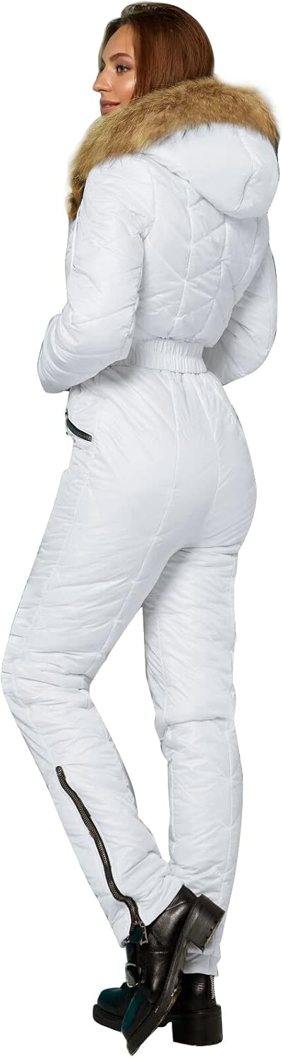 Yousify Womens Winter Ski Suit One Piece Hooded Fur Collar Ski Jumpsuit Snowsuit Outdoor Sports Coat - Image 3