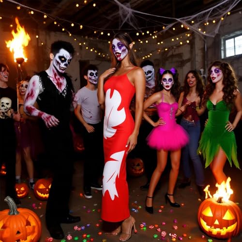 Image of TICIFEN Hawaiian Costume Dress Women's Halloween Red Leaf Printed Hawaiian Dress Spaghetti Strap Princess Maxi Dresses