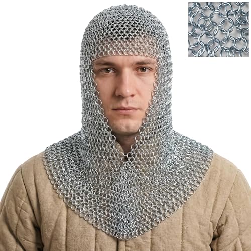 Medieval Chainmail Coif 16 Gauge Mild Steel 10 mm Butted Rings Zinc Plated 4-in-1 Weave for LARP Cosplay & Costume - Silver Small