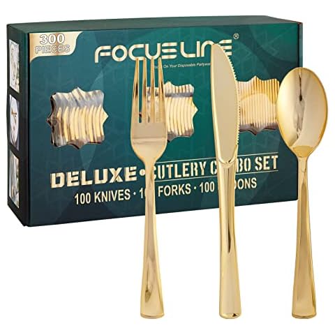 FOCUSLINE 300 Count Gold Plastic Silverware Set - 100 Forks, 100 Knives, 100 Spoons - Heavy Duty Plastic Cutlery Set Disposable Flatware for Catering, Parties, Dinners, Weddings Cover