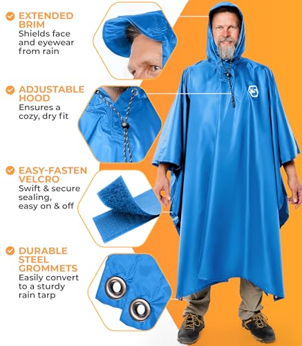Image of Foxelli Rain Poncho for Adults - Extra Long Reusable Waterproof Raincoat with Hood, Lightweight for Hiking, Camping, Outdoors