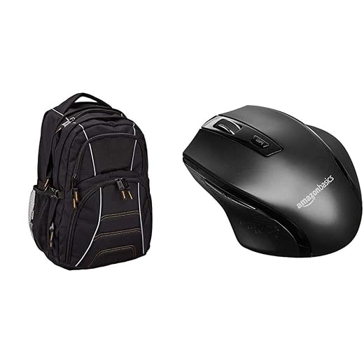 Amazon Basics Laptop Computer Backpack with padded shoulder straps and Organizational compartments (Black) & Ergonomic Wireless Mouse - DPI adjustable - Black