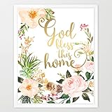 Eleville 8X10 God bless this home Real Gold Foil and Floral Watercolor Art Print(Unframed) Family Room Quote Wall Art Home Decor Home Quote art New Housewarming Gift Holiday Gifts WG057