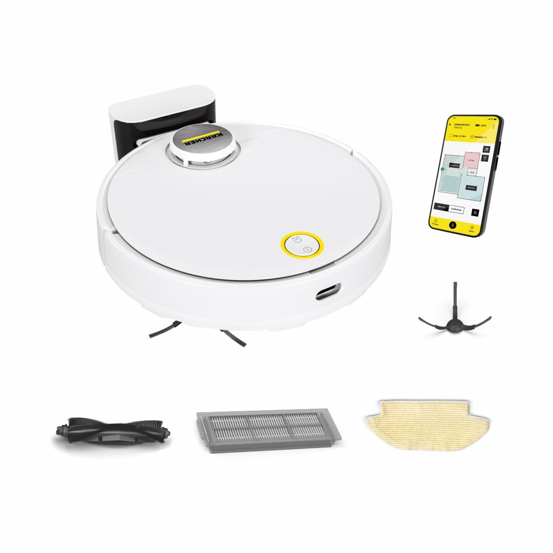 KARCHER RCV 3, 2-in-1 Robotic Vacuum Cleaner with Mopping, 2500 Pa Suction Power, 3200 mAh Battery, 120 Min Runtime, Advanced LiDAR Technology, Fall Sensors, Smart App Control, German Tech, White