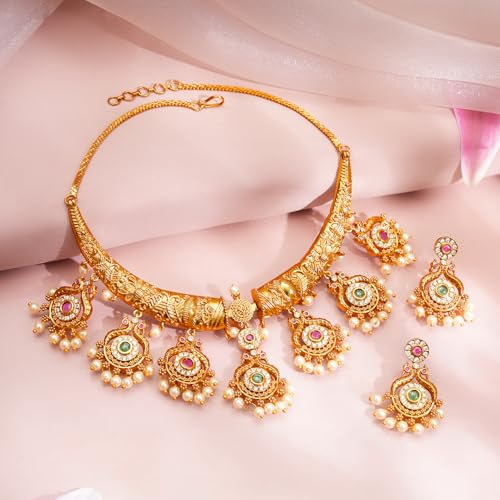 Image of Rubans Gold Plated Temple Necklace Set Traditional Statement Jewellery Gift for Women & Girls