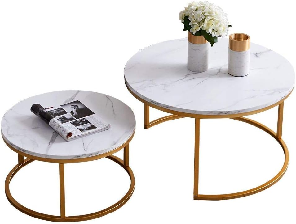 UNIE Modern Nesting Coffee Table Set of 2, Round Accent Coffee Table with Faux Marble Wood Top & Gold Metal Frame for Living Room, Office, Balcony, Gold&white, (ORW24714369-6767-1737164331)