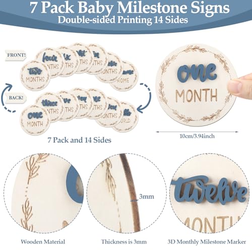 Image of Baby Monthly Milestone Cards, Wooden 3D Baby Milestone Signs, Double Sided Blue Monthly Baby Milestone for Newborn Boy Girl 1-12 Months Photos