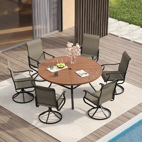 Image of VICLLAX Round Patio Table with Adjustable Umbrella Hole for 6, All Weather Metal Outdoor Dining Table for Lawn Garden, 50 inch Outdoor Coffee Table, Walnut Wood-Like Tabletop