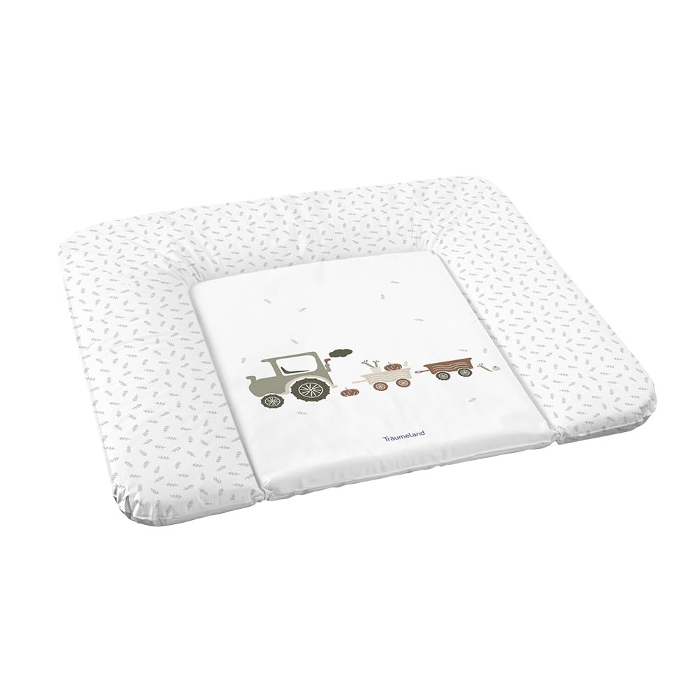 TRÄUMELAND - Little Farm grün | Wasserabweisende und abwischbare Wickelauflage mit süßen Traktoren |Wickeltischauflage ausThermo-Vlies und phtalatfreie PVC. 75x75 cm