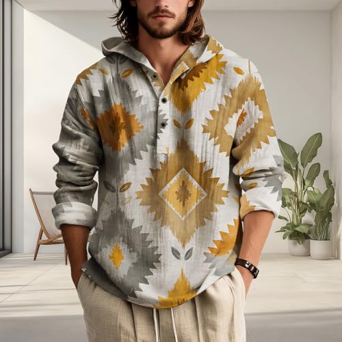 Aztec Hoodie for Men 2025 Trendy Button Up Hooded Shirts Lightweight Baggy Western Pullover Sweatshirts2