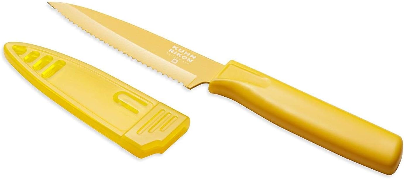 Kuhn Rikon Serrated Paring Knife with Safety Sheath, 4 inch/10.16 cm Blade, Yellow