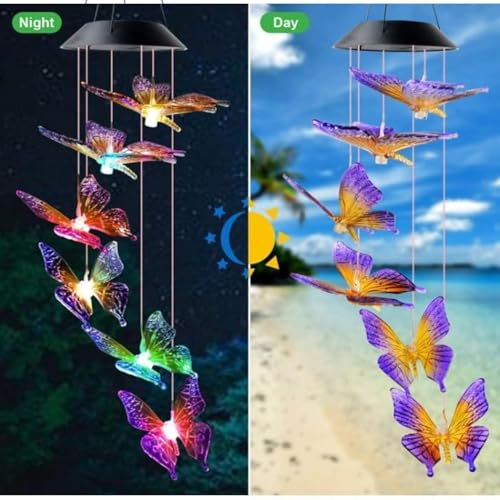 Image of Solar Powered Butterfly Wind Chime, Color-Changing LED Lights, Auto-Charging Panel, Weather-Resistant Outdoor Design, Purple and Yellow, Medium
