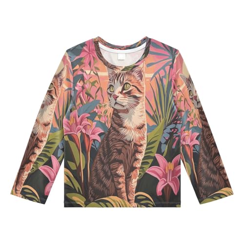 Tabby Cat Tropical Lilies Rash Guard Shirt for Boys Sun Protection Shirt for Beach Pool Sport UPF50+ 7-8T
