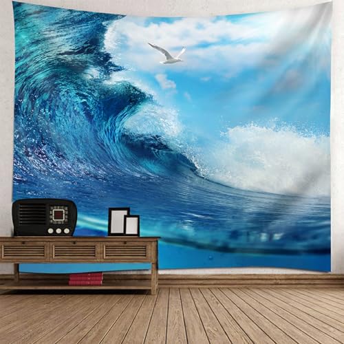 Tenture murale vagues de la mer grand tissu deco pour habiller un grand mur blanc sans peindre