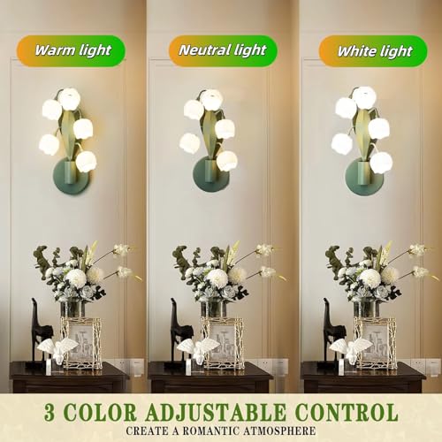 Image of Flower Wall Sconce Light 5 Lily of The Valley Lights Flower Wall Light Fixture with 3 Color, Floral Wall Sconces Lily Bedside Wall Lamps with G4 Led Bulbs for Bedroom, Living Room (Green)
