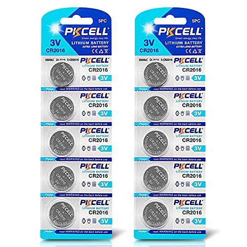 PKCELL 10-Pack 3V CR2016, ECR2016, DL2016 Lithium Button Cell Batteries