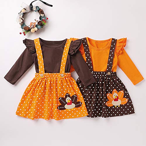 XFGLCK Toddler Kids Baby Girl Thanksgiving Clothes Outfit Ruffle Sleeve Turkey Shirt Blouse +Suspender Skirts Set4
