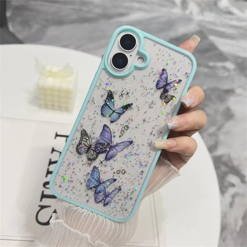 Image of VONZEE for iPhone 16 Plus Clear Glitter Butterfly Case, Cute Bling Sparkle Shiny Soft TPU Bumper Shockproof Women Girls Slim Protective Phone Cover for iPhone 16 Plus 6.7 inch,Mint Green