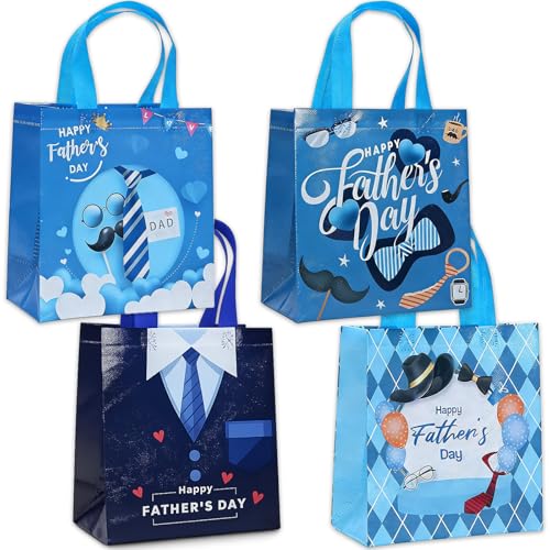 Jidkhfk Fathers Day Gift Bags Set 4Pcs Reusable Non-Woven Dad Gift Happy Fathers Day Bags with Handles Blue Theme for Presenting Gifts to Dad Grandad