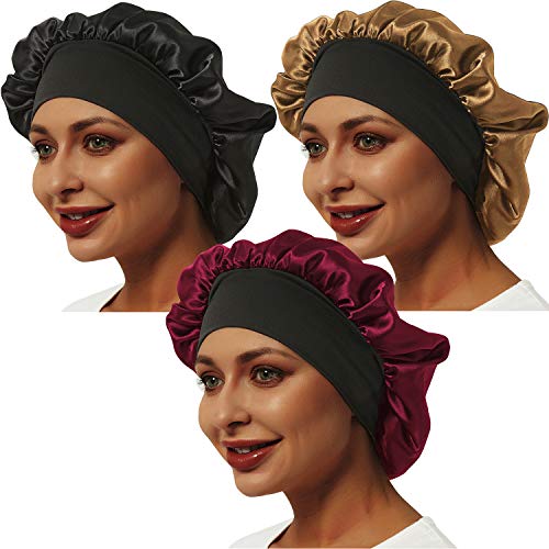 3 Pcs Satin Bonnet, Soft Bonnets for Black Women Hair Bonnet Hair Cover, Sliky Bonnet Luxurious Fabric Premium Elastic Wide Band for Women Haircare Hair Loss(Normal Size, 3 Pcs-Black+Burgundy+Gold)
