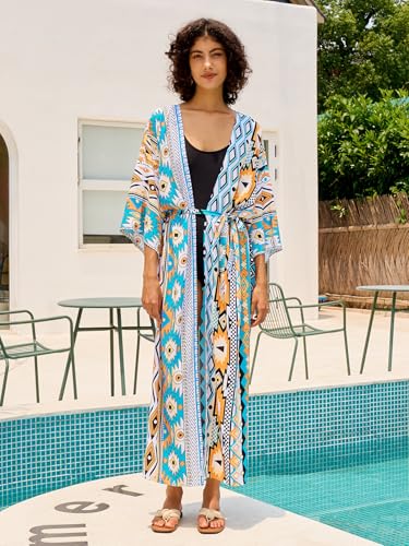 Image of Women's Kimono Cover Up Long Beach Dress Swimsuit Cover Ups Colorful Cardigan Lightweight Robe for Swimwear