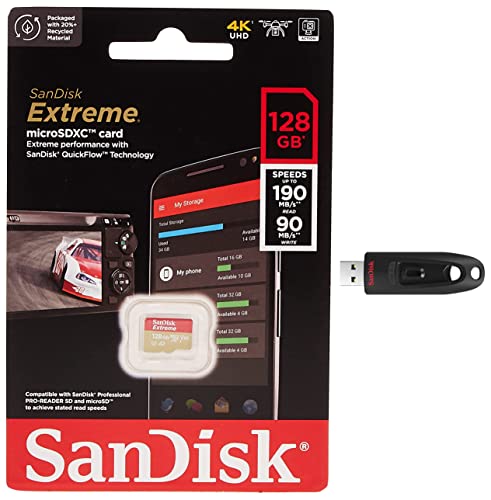 Image of SanDisk Extreme microSD UHS I Card 128GB for 4K Video on Smartphones,Action Cams 190MB /s Read,80MB /s Write & Ultra 128 GB USB 3.0 Pen Drive (Black)