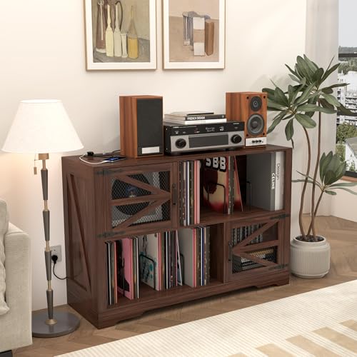Gran Soporte de Tocadiscos con Almacenamiento de vinilos, Armario de Almacenamiento de vinilos para más de 500 Discos de Vinilo, Mesa de Tocadiscos de 120 cm de Alto con Toma de Corriente
