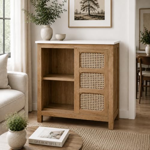 Image of The Attic Crestwood Sliding Doors Kitchen Cabinet, Multipurpose Cabinet for Bedroom Living Room Study bar, Solid Wood Bookshelf Kitchen Cabinet, Light Teak Matte Finish Cane