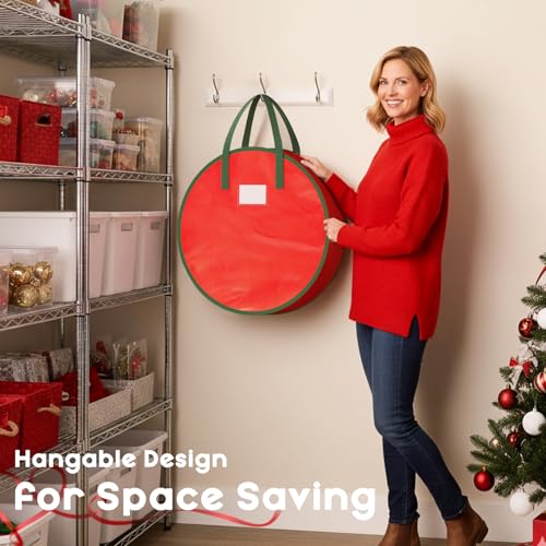 Criusia Wreath Storage Container, 2 Pack Christmas Wreath Storage Bag with Sturdy Handle, Two-way Zipper,Durable Wreath Storage Organizer Box for Holiday Decoration (Red, 24"x8") - image 5
