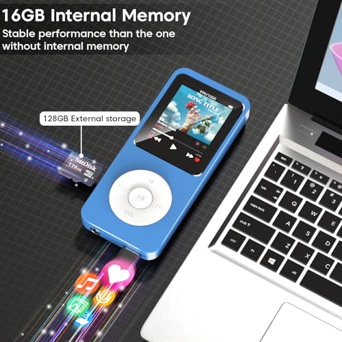 Image of Sounce 16GB Mini MP3 Music Player with Bluetooth 5.4, HiFi Lossless Audio, Video Playback, Voice Recording, FM Radio, E-Book Reader & Built-in Speaker | Expandable Up to 128GB (Blue)