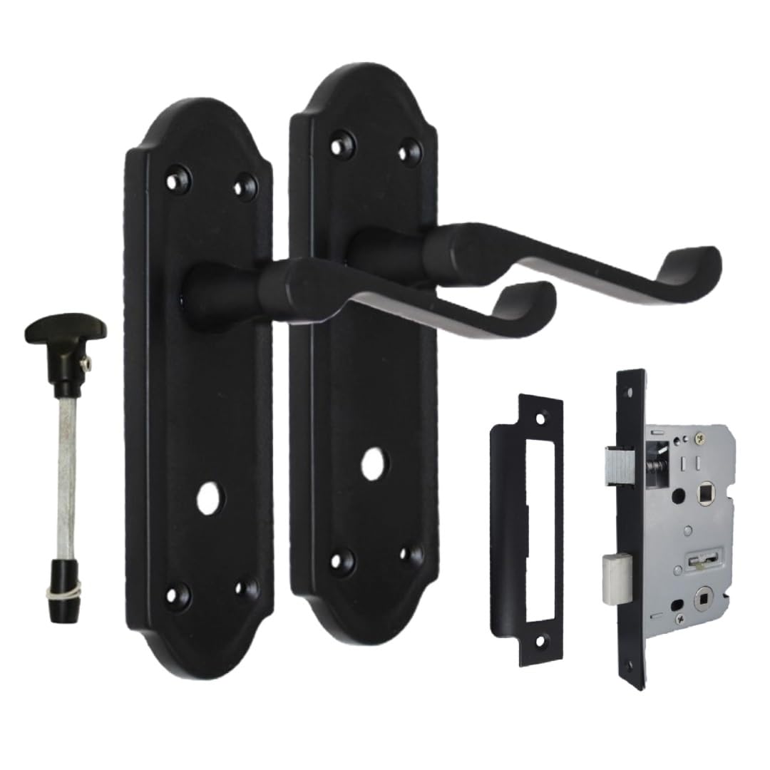 Epsom Door Handle Black Victorian Style Matt Bathroom Door Handle Set – Lever On Backplate – Includes Bathroom Sash Lock – 1 Pair