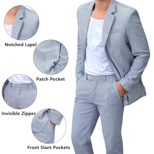 Men's 2 Piece Suit Seersucker Grooms Wedding Formal Business Suit for Mens Summer Casual Slim Fit Striped Suits Blazer Pants2