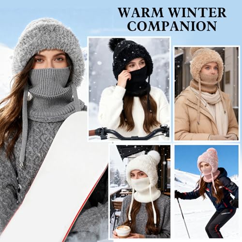AYPOW Winter Mütze Damen mit Schal Gesichtsmaske, Thermo Strickmütze Balaclava mit Warme Fleecefutter Pompon, Weiches Dicke Beanie WintermüTZE Kapuzenschal Skimütze Hut für Outdoor
