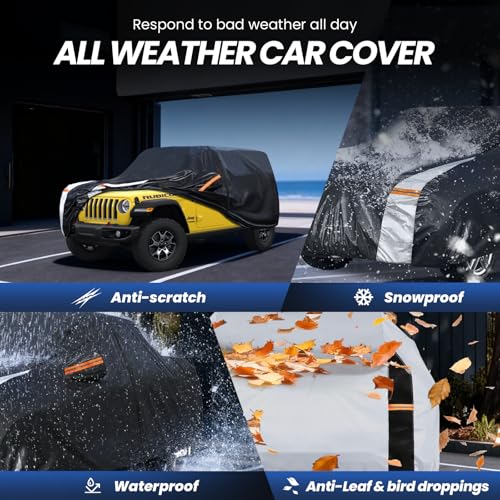 Image of Multi-Layer Car Cover Custom Fit for Jeep Wrangler 2 Door CJ YJ JK JL(1987-2026), 100% Waterproof All Weather for Automobiles, Gift with Towel, Heavy Duty Car Covers for Rain Sun UV Protection.