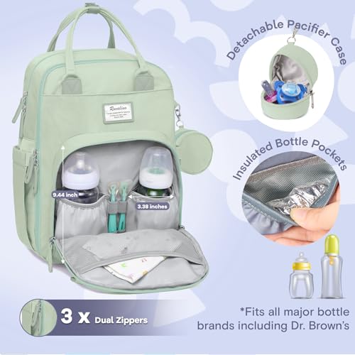 Image of RUVALINO Diaper Bag Backpack-Multifunction Baby Travel Bag with Changing pad, Insulated Bottle Holders & Pacifier Case, Large Capacity, Waterproof, Mint Green