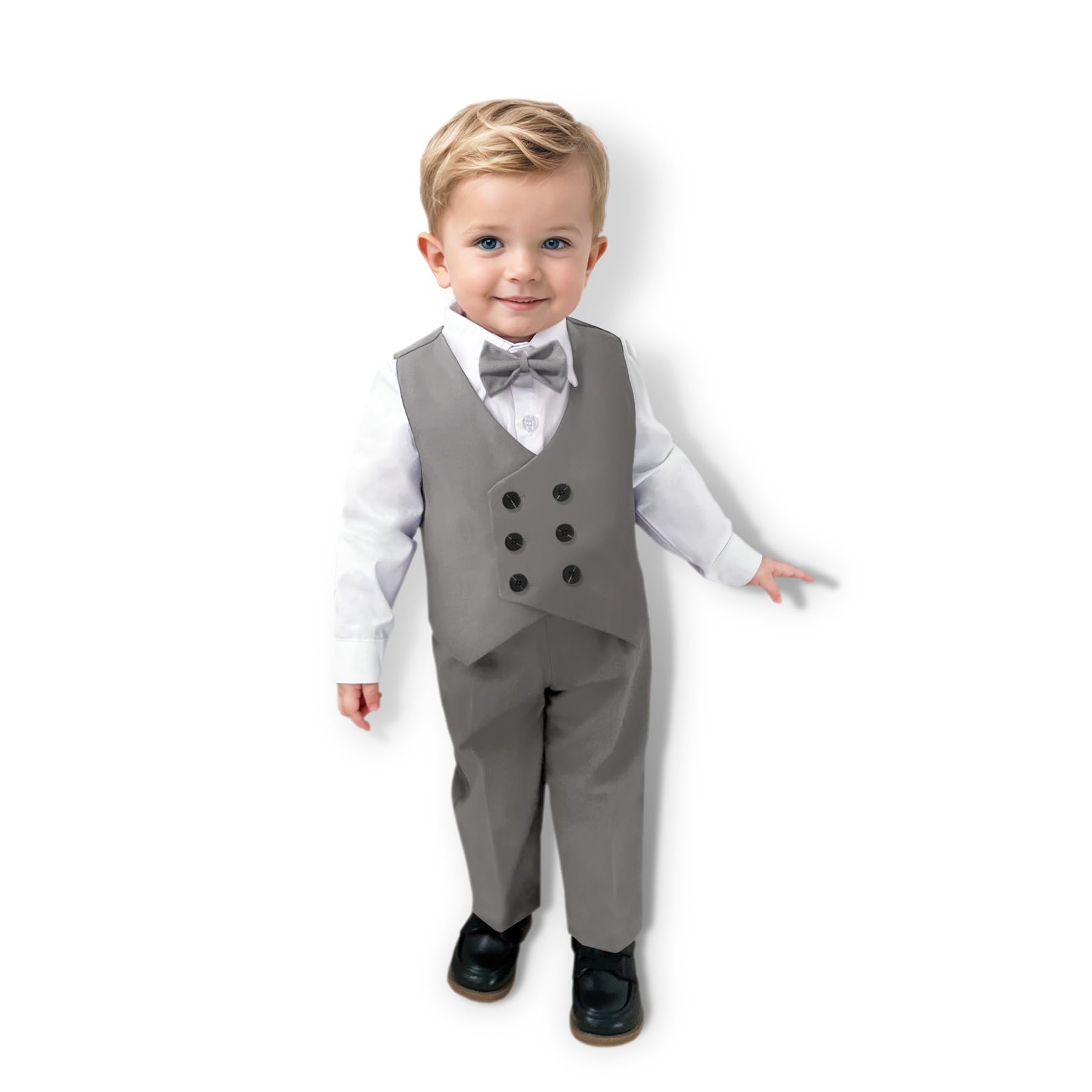 Nwada Boys Suit Ring Bearer Outfit with Formal Dress Shirt, Bow Tie, Slim Vest and Pants, Toddler Boy Dress Clothes