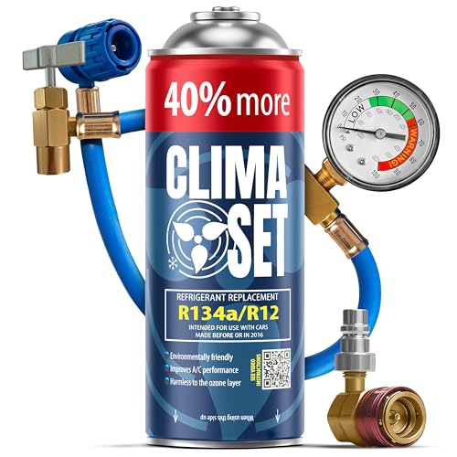 ClimaSet Recambio gas R134a R12 con manguera y adaptador - manometro – Kit recarga aire acondicionado coche 1x235 g - Sustituto del refrigerante - Gas aire acondicionado coche - ECO