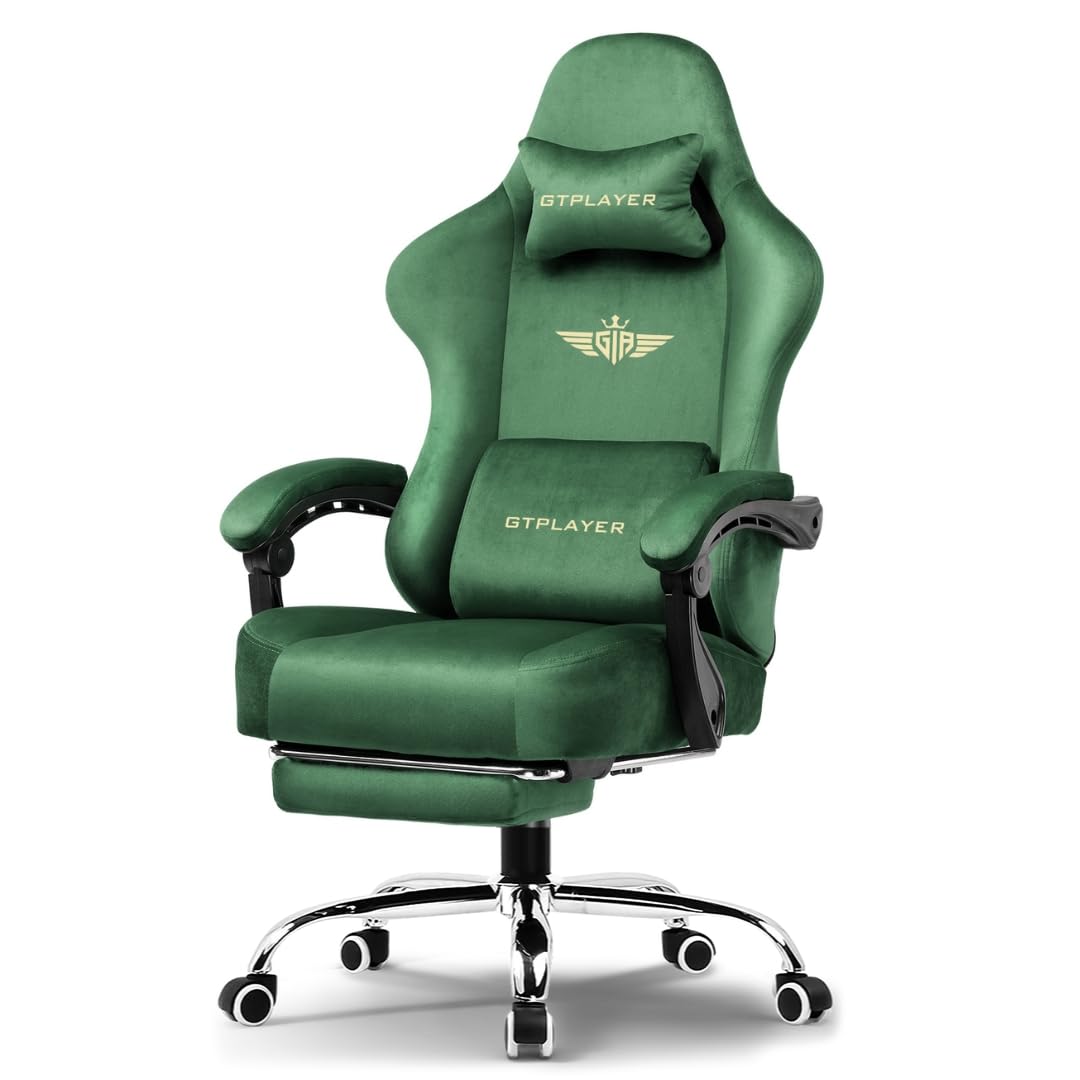 GTPLAYER "Silken Gaming Chair with Footrest, Pocket Spring Cushion & Breathable Fabric, Ergonomic Office Chair with Tailored Back Support, 1 Year Warranty (Velvet Green)