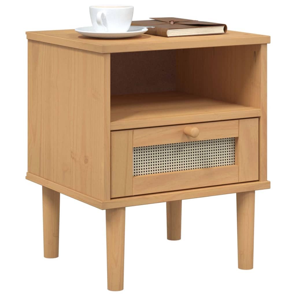 Comodino in legno massiccio e rattan, marrone, 40 x 35 x 48 cm, SENJA