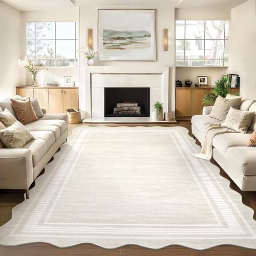 Image of Garvee Scalloped Large Modern Abstract Area Rug 10x13 Washable Rug for Living Room, Non-Slip Soft Carpet for Bedroom, Scalloped Low-Pile Solid Print Accent Rug for Dining Room Home Office, Beige