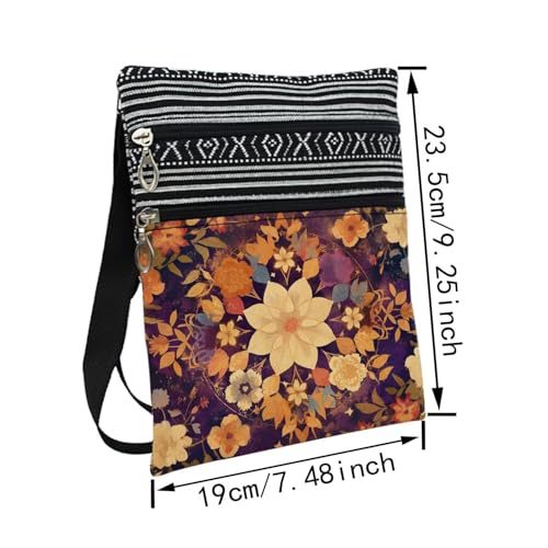 Colorful Flower Messenger Bag Small Ethnic Pattern Printed Adjustable Strap Crossbody Zipper Bag Colorful Flower Phone Bag Wallet Cute Shoulder Handbag for Women Friends -102