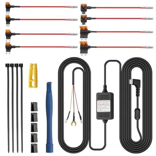 eSynic Universal 3 Wire 11.5ft/3.5M USB C Dash Cam Hardwire Kit Suitable for All Brand Dash Camera 12V-24V to 5V HardWire Fuse Kit for Dashcam Support Acc Mode & Low Voltage Protection with 8 Fuses