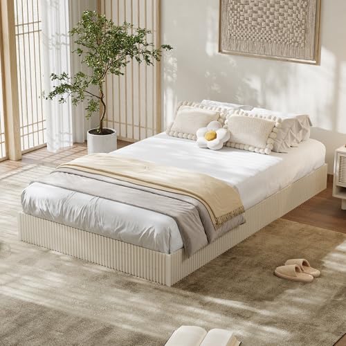Image of GarveeHome Twin Size Bed Frame, Wood Platform Bed, Fluted Bed Frame, Minimalist Bed Base with Low Profile Design, Noise-Free, Easy Assembly, No Box Spring Needed, Cream White