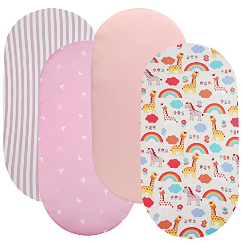 Image of Tontukatu Bassinet Sheet Set 4 Pack Snug Fitted Cradle Fitted Sheets, Stretchy Ultra Soft, for Oval Rectangle Hourglass Bassinet Mattress, Unisex Boy Girl, Stripe/Love/Pink/Rainbow
