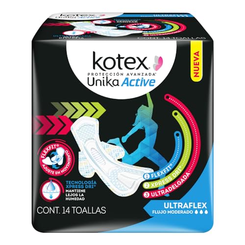 Cuidado Femenino, Drugstore Kotex Unika Active, Toallas femeninas, Paquete con 14 piezas, Ultraflexible, Ideal de Flujo Moderado