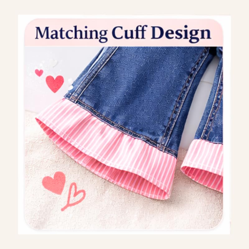 OrJana Completo Bambina 2 Pezzi Primavera Autunno, Camicetta a Righe con Gilet Cuore e Jeans a Zampa, Stile Preppy
