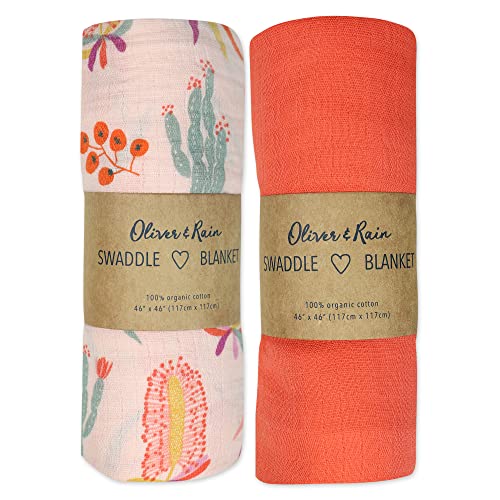 Image of Oliver & Rain Organic Muslin Baby Girl Swaddle Blankets 2 Pack Receiving Blankets Pink Cactus Print