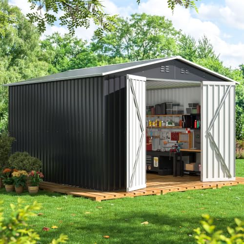 Image of DAUSOLA 10x10 FT Outdoor Storage Shed, Metal Garden Tool Sheds for Backyard | Sturdy Upgrade, Weatherproof, Ample Space, Secure Lockable Doors, Solid Base, Durable, Low-Maintenance, For Garden Patio Lawn