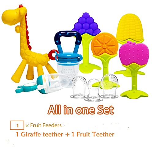 Image of Infant Teething Set For Baby, 3 And 2 Pack Combo Set, Silicon Baby Teethers Set, Bpa Free (Multicolors) (1 Feeder + 1 Giraffe Teether + 1 Silicone Fruit Teether)