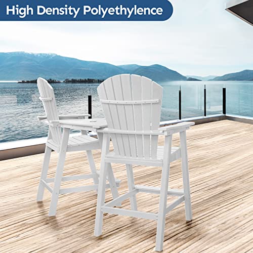 Pasamic Tall Adirondack Chair Set Of 2 With Removable Table, Hdpe Balcony Chair With Connecting Tray, Patio Bar Stools Weather Resistant For Outdoor Deck Lawn Garden Swimming Pool, White #TOP5